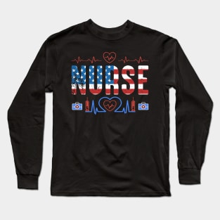 Pride Nurse USA Flag Stethoscope Patriotic Nurse 4th Of July Long Sleeve T-Shirt